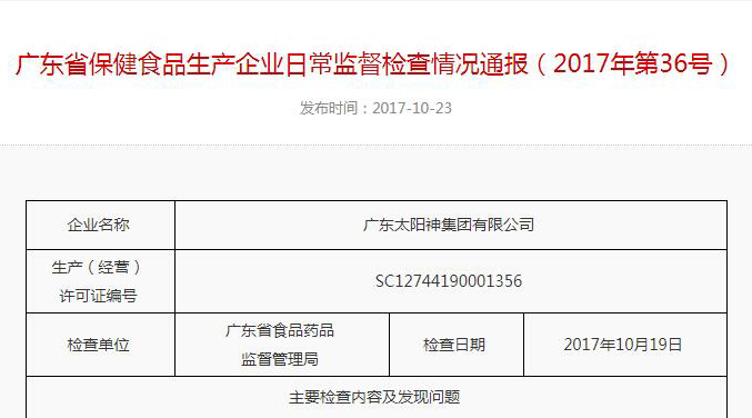 54项检查全部符合要求！广东食药监公布太阳神日常监督检查情况